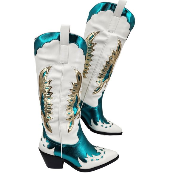 AZALEA WANG Apolline White Tall Cowboy Boots Turquoise & Gold Accents 6-10 NIB - Picture 3 of 12